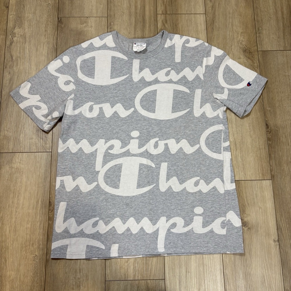 Champion Heritage Athletic Apparel T-Shirt XL Gray‎ All Over Spell Out